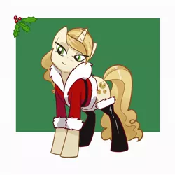 Size: 2048x2048 | Tagged: safe, artist:pfeffaroo, derpibooru import, sweet biscuit, pony, unicorn, adorasexy, boots, christmas, clothes, costume, cute, female, holiday, holly, image, jpeg, lidded eyes, mare, pretty, santa costume, sexy, shoes, simple background, smiling, thigh boots