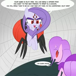 Size: 3000x3000 | Tagged: safe, artist:bestponies, derpibooru import, oc, oc:queen widow, oc:silky web, unofficial characters only, monster pony, original species, spider, spiderpony, cave, dialogue, fangs, female, horn, image, jpeg, mind control, multiple eyes, open mouth, open smile, smiling, spider web