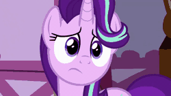 Size: 1280x720 | Tagged: safe, derpibooru import, screencap, starlight glimmer, pony, unicorn, fame and misfortune, season 7, animated, caption, concerned, cute, daaaaaaaaaaaw, frown, gif, glimmerbetes, image, image macro, implied rarity, looking at you, meme, reaction image, sad, sadorable, solo, text, twilight's castle, why would you post that