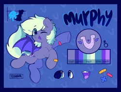Size: 1398x1063 | Tagged: safe, artist:flixanoa, derpibooru import, oc, oc:murphy, bat pony, bandaid, coloured mouth, eye clipping through hair, flying, image, mascot, nonbinary, one eye closed, png, purple, reference sheet, solo, wink