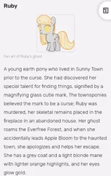 Size: 496x787 | Tagged: safe, derpibooru import, oc, oc:ruby, oc:ruby (story of the blanks), unofficial characters only, earth pony, ghost, ghost pony, pony, undead, story of the blanks, female, glow, glowing eyes, image, jpeg, mare, text, wikia