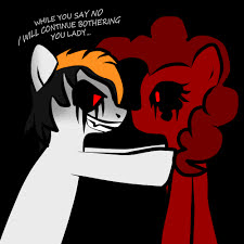 Size: 225x225 | Tagged: safe, derpibooru import, pinkie pie, oc, earth pony, pony, creepypasta, dialogue, fangs, female, image, jpeg, male, mare, smiling, stallion, text, zalgo, zalgo pie