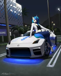 Size: 7500x9375 | Tagged: safe, artist:clear vision, derpibooru import, vinyl scratch, anthro, unguligrade anthro, unicorn, annis euros, breasts, car, car:modern era, casino, clothes, commission, grand theft auto, gta v, image, jeans, looking at you, neon, pants, parking lot, pinup, png, sitting, smiling, underglow, vehicle