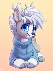 Size: 750x1000 | Tagged: safe, artist:luminousdazzle, derpibooru import, oc, oc:silver, unofficial characters only, deer, antlers, blue eyes, buck, clothes, cloven hooves, coat markings, deer oc, ear fluff, front view, grin, hoodie, image, looking at you, lying down, male, png, prone, signature, simple background, smiling, smiling at you, socks (coat marking), solo