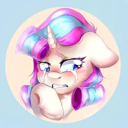 Size: 2150x2150 | Tagged: safe, artist:pozya1007, derpibooru import, oc, unofficial characters only, pony, unicorn, blushing, bust, crying, female, floppy ears, gritted teeth, high res, horn, image, looking away, mare, png, portrait, sad, signature, solo, teeth, two toned mane, unicorn oc