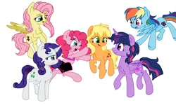 Size: 1092x654 | Tagged: safe, artist:sonadbroken, derpibooru import, applejack, fluttershy, pinkie pie, rainbow dash, rarity, twilight sparkle, twilight sparkle (alicorn), alicorn, earth pony, pegasus, pony, unicorn, .mov, blood, bra, clothes, eyeshadow, flying, horn, image, knife, lipstick, makeup, mane six, missing accessory, multicolored hair, png, pony.mov, rainbow hair, simple background, skirt, spread wings, underwear, white background, wings