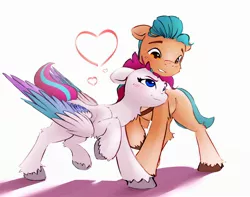 Size: 2602x2054 | Tagged: safe, artist:itssim, derpibooru import, hitch trailblazer, zipp storm, earth pony, pegasus, pony, adorazipp, blushing, cheek fluff, cute, female, g5, heart, hitchbetes, hitchzipp, image, jpeg, leg fluff, looking at each other, looking at someone, male, mare, neck fluff, shipping, simple background, smug, stallion, straight, unshorn fetlocks, white background