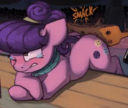 Size: 2649x2245 | Tagged: source needed, suggestive, artist:marsminer, derpibooru import, suri polomare, earth pony, pony, crowd, crying, image, onomatopoeia, paddle, png, sound effects, spanking, table, tears of pain