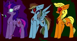 Size: 1206x645 | Tagged: grimdark, artist:sonadbroken, derpibooru import, applejack, rainbow dash, twilight sparkle, earth pony, pegasus, pony, unicorn, apple, apple eyes, blood, crack, creepypasta, female, food, glow, glowing eyes, horn, image, knife, magic, mare, png, red eyes, satanism, scratches, smiling, spread wings, stitches, unicorn twilight, wingding eyes, wings