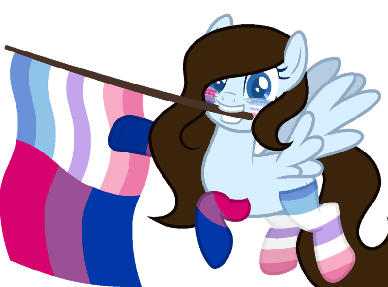 Size: 1040x768 | Tagged: safe, artist:yeetmedownthestairs, derpibooru import, oc, oc:krissy, unofficial characters only, pegasus, pony, bigender, bigender pride flag, bisexual pride flag, clothes, commission, face paint, flag, grin, hair over one eye, image, mouth hold, png, pride, pride flag, pride month, raised hoof, raised leg, simple background, smiling, socks, solo, striped socks, transparent background, ych result