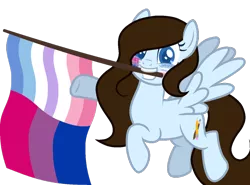 Size: 1040x768 | Tagged: safe, alternate version, artist:yeetmedownthestairs, derpibooru import, oc, oc:krissy, unofficial characters only, pegasus, pony, bigender, bigender pride flag, bisexual pride flag, commission, face paint, flag, grin, hair over one eye, image, mouth hold, png, pride, pride flag, pride month, raised hoof, raised leg, simple background, smiling, solo, transparent background, ych result