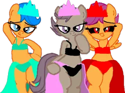 Size: 959x719 | Tagged: safe, artist:angrymetal, derpibooru import, scootaloo, oc, oc:scootagen, pegasus, pony, .exe, bedroom eyes, bipedal, bra, clothes, crown, female, filly, foal, image, jewelry, panties, png, rainbow.exe, regalia, simple background, smiling, transparent background, underwear, zalgo