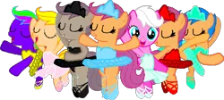 Size: 960x431 | Tagged: safe, artist:angrymetal, derpibooru import, scootaloo, oc, oc:dark dash, oc:female hedgefox, oc:scootagen, oc:sparkle glitter, pegasus, pony, .exe, ballerina, ballet, ballet slippers, bipedal, clothes, crown, dancing, eyes closed, female, filly, foal, image, jewelry, png, rainbow.exe, regalia, simple background, smiling, transparent background