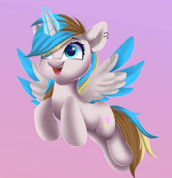 Size: 1280x1320 | Tagged: safe, artist:joaothejohn, derpibooru import, oc, oc:jeylie, alicorn, pony, alicorn oc, commission, cute, flying, horn, image, jpeg, looking up, magic, simple background, wings