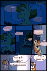 Size: 3000x4500 | Tagged: safe, artist:storyteller, derpibooru import, oc, oc:omelette, comic:eavesdrop, bed, bedroom, comic, dialogue, image, night, png, poster, sleeping, sneaking, solo focus, speech bubble