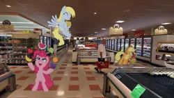 Size: 1365x768 | Tagged: safe, derpibooru import, applejack, derpy hooves, pinkie pie, earth pony, human, pony, apple, banana, food, grapes, grocery store, image, irl, market basket, muffin, orange, pear, photo, png, ponies in real life, strawberry, watermelon