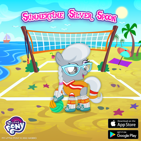 Size: 1080x1080 | Tagged: safe, derpibooru import, official, silver spoon, advertisement, ball, beach, clothes, gameloft, glasses, image, leotard, png, sports, volleyball, volleyball net