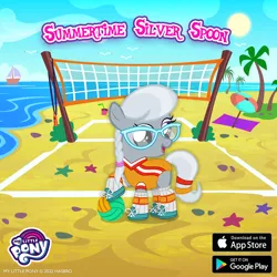 Size: 1080x1080 | Tagged: safe, derpibooru import, official, silver spoon, advertisement, ball, beach, clothes, gameloft, glasses, image, leotard, png, sports, volleyball, volleyball net