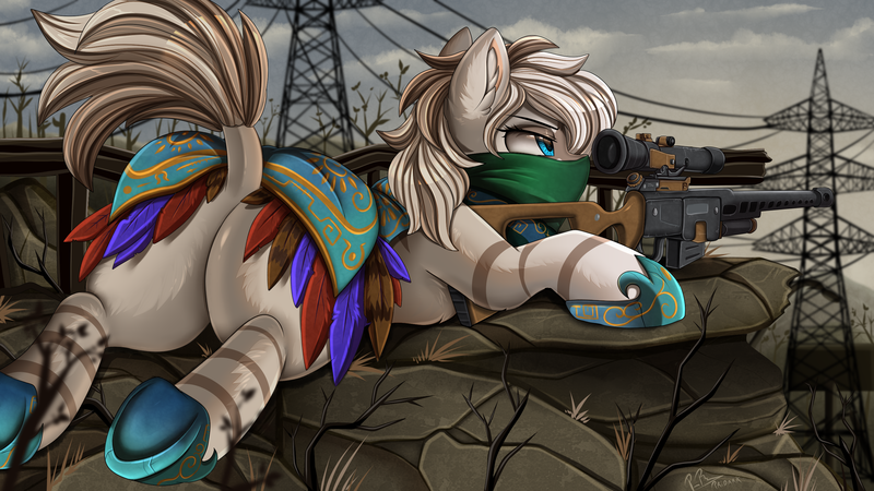 Size: 2920x1642 | Tagged: safe, artist:pridark, derpibooru import, oc, unofficial characters only, earth pony, zebra, fallout equestria, female, gun, image, png, rifle, sniper, sniper rifle, solo, wasteland, weapon, zebra oc