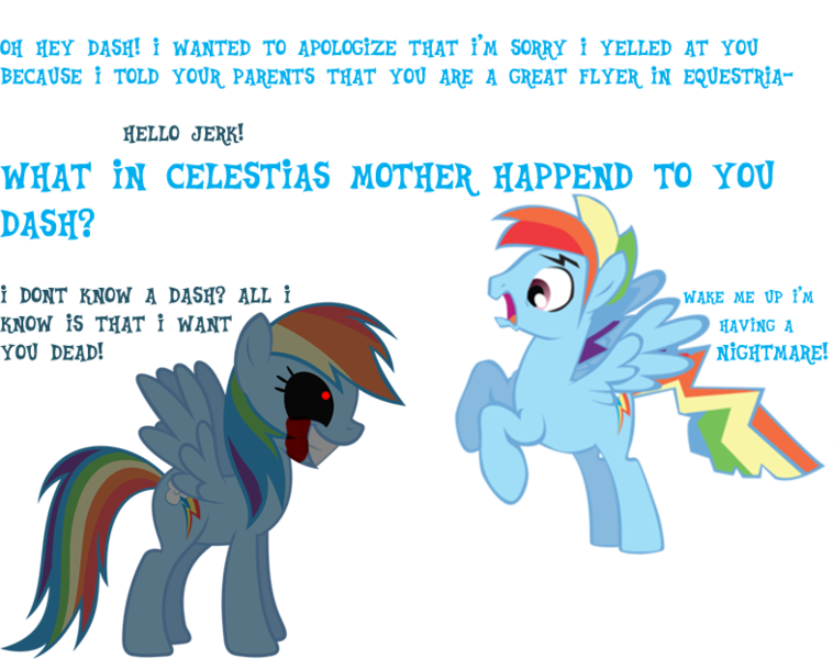Size: 787x623 | Tagged: safe, artist:kayman13, derpibooru import, rainbow dash, pegasus, pony, blood, dialogue, female, flying, image, male, mare, png, rainbow blitz, rainbow.exe, rule 63, shocked, smiling, spread wings, stallion, text, wings, zalgo