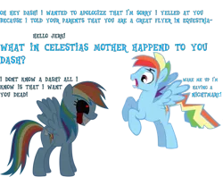 Size: 787x623 | Tagged: safe, artist:kayman13, derpibooru import, rainbow dash, pegasus, pony, blood, dialogue, female, flying, image, male, mare, png, rainbow blitz, rainbow.exe, rule 63, shocked, smiling, spread wings, stallion, text, wings, zalgo