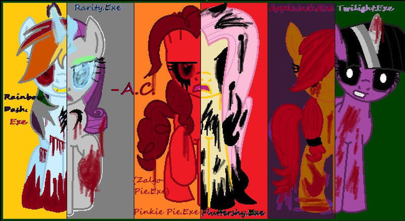 Size: 1024x560 | Tagged: grimdark, artist:artistiacons, derpibooru import, applejack, fluttershy, pinkie pie, rainbow dash, rarity, twilight sparkle, alicorn, earth pony, pegasus, pony, unicorn, .exe, 1000 hours in ms paint, angry, applejack.exe, blood, creepypasta, evil, evil twilight, flutter island, frown, horn, image, ink, jpeg, lil miss rarity, magic, mane six, race swap, rainbow.exe, raised hoof, smiling, text, unicorn twilight, wings, zalgo, zalgo pie