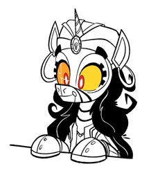 Size: 779x843 | Tagged: safe, artist:anontheanon, ponybooru import, oc, oc:madame fortuna, unofficial characters only, pony, robot, robot pony, unicorn, ear piercing, earring, female, fortune teller, glowing eyes, image, jewelry, jpeg, mare, mechanical, monochrome, neo noir, partial color, piercing, simple background, smiling, solo, turban, white background