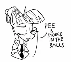 Size: 1132x1006 | Tagged: safe, artist:anontheanon, ponybooru import, twilight sparkle, twilight sparkle (alicorn), alicorn, pony, bust, dialogue, eyes closed, female, fez, hat, image, jpeg, lineart, mare, monochrome, monocle, open mouth, portrait, simple background, sketch, solo, text, white background