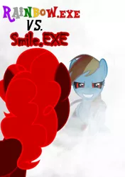 Size: 750x1066 | Tagged: semi-grimdark, artist:mcjuggernuggets3, derpibooru import, pinkie pie, rainbow dash, earth pony, pegasus, pony, .exe, creepypasta, female, fog, image, jpeg, mare, movie poster, rainbow.exe, raised hoof, simple background, smile.exe, smiling, white background, wings, zalgo, zalgo pie