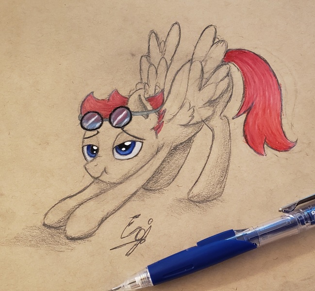 Size: 2173x2009 | Tagged: safe, artist:engi, derpibooru import, oc, oc:engi, unofficial characters only, pegasus, pony, goggles, goggles on head, image, iwtcird, jpeg, meme, pencil drawing, simple background, traditional art