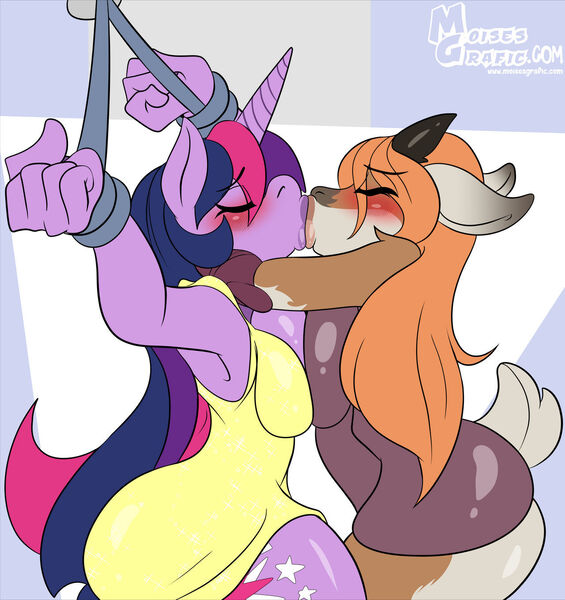 Size: 1280x1360 | Tagged: questionable, artist:moisesgrafic, derpibooru import, twilight sparkle, oc, oc:chinook, antelope, anthro, anthro oc, arms around neck, arms in the air, blushing, bondage, bound wrists, breast squish, breasts, busty oc, busty twilight sparkle, canon x furry, canon x oc, commission, domination, duo, duo female, eye clipping through hair, eyebrows, eyebrows visible through hair, eyes closed, female, females only, fetish, furry, image, jpeg, kissing, lesbian, lgbt, long hair, passionate, shiny, simple background, submission