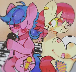 Size: 1024x974 | Tagged: safe, artist:bug-roux, derpibooru import, melody, patch (g1), earth pony, pony, my little pony tales, duo, duo female, eyes closed, female, football, g1, image, jpeg, mare, microphone, sports