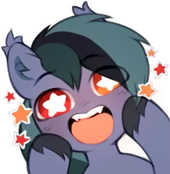 Size: 607x621 | Tagged: safe, artist:astralblues, derpibooru import, oc, oc:scrimmy, unofficial characters only, bat pony, pony, :d, bat pony oc, bat wings, fangs, heterochromia, image, looking at you, male, open mouth, open smile, png, simple background, smiling, smiling at you, solo, stallion, starry eyes, transparent background, unshorn fetlocks, wingding eyes, wings