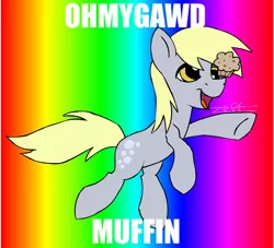 Size: 1200x1088 | Tagged: safe, artist:zeffdakilla, derpibooru import, derpy hooves, pony, adobe flash, cross-eyed, flash, floating, food, image, meme, muffin, nostalgia, png, rainbow background, solo, text, wingless