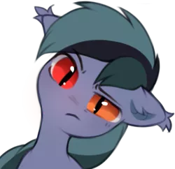 Size: 615x596 | Tagged: safe, artist:astralblues, derpibooru import, oc, oc:scrimmy, unofficial characters only, bat pony, pony, bat pony oc, bat wings, head tilt, heterochromia, image, looking at you, male, png, raised eyebrow, simple background, solo, stallion, transparent background, wings