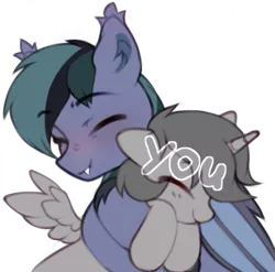 Size: 609x602 | Tagged: safe, artist:astralblues, derpibooru import, oc, oc:scrimmy, unofficial characters only, bat pony, pony, bat pony oc, bat wings, commission, eyes closed, fangs, hug, image, male, png, simple background, smiling, stallion, transparent background, unshorn fetlocks, wings, your character here