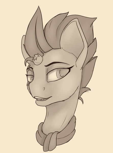 Size: 1600x2160 | Tagged: safe, artist:tenebrisnoctus, derpibooru import, fizzlepop berrytwist, tempest shadow, pony, unicorn, broken horn, bust, clothes, eye scar, female, horn, image, mare, monochrome, png, portrait, scar, scarf, sketch, smiling, solo