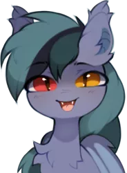 Size: 665x903 | Tagged: safe, artist:astralblues, derpibooru import, oc, oc:scrimmy, unofficial characters only, bat pony, pony, bat pony oc, bat wings, chest fluff, cute, ear fluff, eyebrows, eyebrows visible through hair, fangs, heterochromia, image, looking at you, male, ocbetes, png, simple background, solo, stallion, transparent background, wings