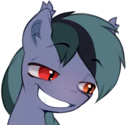 Size: 602x594 | Tagged: safe, artist:astralblues, derpibooru import, oc, oc:scrimmy, unofficial characters only, bat pony, pony, bat pony oc, bat wings, ear fluff, fangs, gritted teeth, heterochromia, image, male, png, simple background, smug, solo, stallion, teeth, transparent background, wings