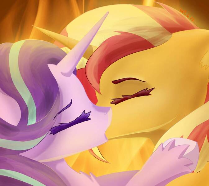 Size: 1569x1398 | Tagged: safe, artist:emmiiv, derpibooru import, starlight glimmer, sunset shimmer, pony, unicorn, duo, eyes closed, female, image, jpeg, kissing, lesbian, mare, shimmerglimmer, shipping