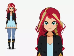 Size: 800x600 | Tagged: safe, artist:suetora, derpibooru import, sunset shimmer, human, equestria girls, boots, clothes, high heel boots, humanized, image, jeans, kisekae, pants, png, shirt, shoes, solo, vest