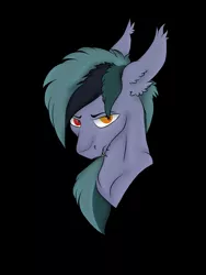 Size: 1536x2048 | Tagged: safe, artist:darumemay, derpibooru import, oc, oc:scrimmy, unofficial characters only, bat pony, pony, bat pony oc, bat wings, black background, bust, ear fluff, eyebrows, fangs, heterochromia, image, jpeg, looking at you, male, portrait, simple background, solo, stallion, wings