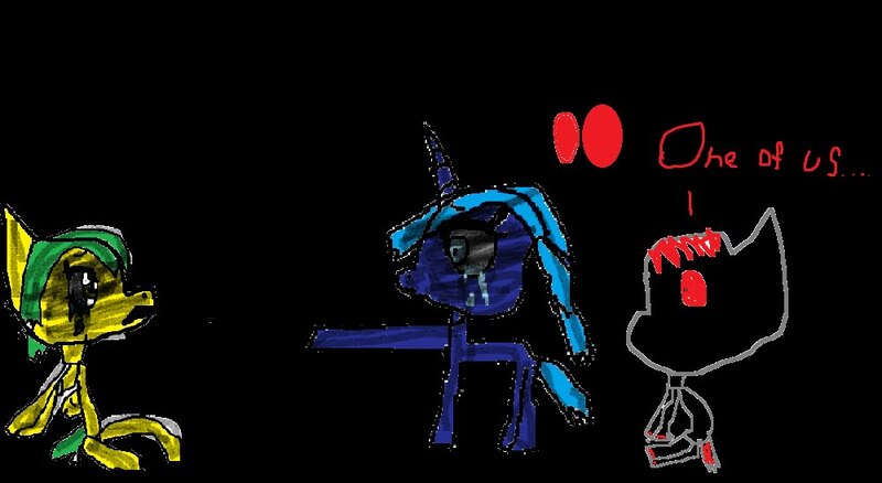 Size: 1000x547 | Tagged: safe, artist:lunablu3berry, derpibooru import, princess luna, oc, oc:jade, alicorn, pegasus, pony, undead, zombie, zombie pony, 1000 hours in ms paint, bloody hooves, crying, darkness, dialogue, female, horn, image, jpeg, mare, red eyes, scared, sitting, super filly adventure, text, wings