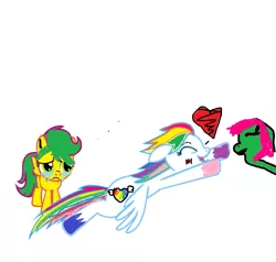 Size: 715x681 | Tagged: safe, artist:lunablu3berry, derpibooru import, oc, oc:greener pastel, oc:jade, oc:rainbow heart, unofficial characters only, earth pony, pegasus, pony, 1000 hours in ms paint, crying, eyes closed, female, filly, floppy ears, foal, image, mare, png, sad, simple background, smiling, spread wings, super filly adventure, white background, wings