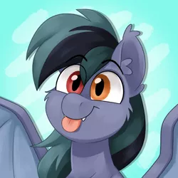 Size: 2500x2500 | Tagged: safe, artist:luximus17, derpibooru import, oc, oc:scrimmy, unofficial characters only, bat pony, pony, :p, bat pony oc, bat wings, bust, cute, ear fluff, fangs, heterochromia, image, looking at you, male, ocbetes, png, portrait, simple background, solo, stallion, tongue out, wings