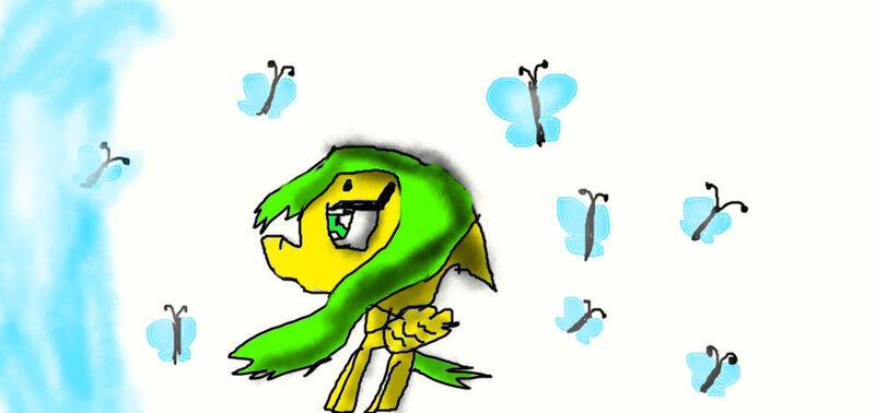 Size: 989x467 | Tagged: safe, artist:lunablu3berry, derpibooru import, oc, oc:jade, unofficial characters only, butterfly, insect, pegasus, pony, 1000 hours in ms paint, female, floppy ears, image, jpeg, mare, simple background, spread wings, super filly adventure, white background, wings