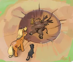 Size: 2702x2291 | Tagged: safe, artist:alumx, derpibooru import, applejack, oc, oc:gunther steele, oc:spookitty, cat, earth pony, gryphon, griffon oc, image, parody, png, yamcha's death pose