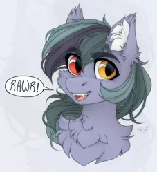Size: 1500x1650 | Tagged: safe, artist:vird-gi, derpibooru import, oc, oc:scrimmy, unofficial characters only, bat pony, pony, bat pony oc, bat wings, bust, cheek fluff, chest fluff, cute, dialogue, ear fluff, fangs, fluffy, heterochromia, image, looking at you, male, ocbetes, png, portrait, rawr, simple background, solo, speech bubble, stallion, wings