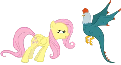 Size: 3346x1792 | Tagged: safe, artist:goblinengineer, derpibooru import, fluttershy, cockatrice, pegasus, pony, season 1, stare master, duo, female, image, mare, png, simple background, transparent background, vector