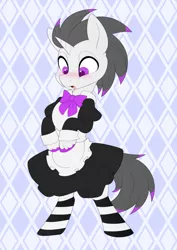 Size: 2019x2854 | Tagged: safe, alternate version, artist:scarlet-spectrum, derpibooru import, part of a set, oc, oc:haze rad, unofficial characters only, pony, unicorn, :o, abstract background, alternate character, apron, bipedal, blushing, bowtie, clothes, colored hooves, commission, commissioner:biohazard, crossdressing, cute, dress, high res, highlights, horn, image, looking at something, looking down, maid, male, open mouth, png, purple eyes, socks, solo, stallion, striped socks, surprised, unicorn oc, unshorn fetlocks, ych result